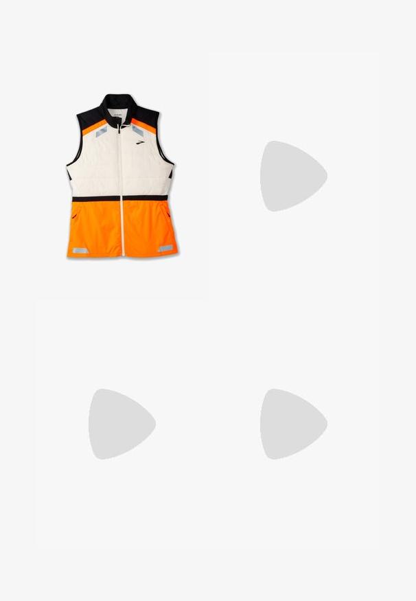Lightweight vest featuring a white padded body, black shoulder section, and vibrant orange lower part. Reflective accents and zippered pockets included.; Black, long-sleeve cropped top with a high neckline. Made of smooth, fitted material with no visible patterns or accents.; Light green leggings made of a stretchy fabric, featuring a smooth texture, high waistband, and fitted design. No visible patterns or accents.; White athletic shoe with mesh upper, rounded toe, and textured sole. Features a silver Nike swoosh and minimalistic design.