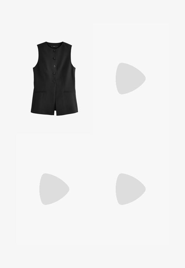 Gilet senza maniche nero con scollo rotondo, sei bottoni frontali e due tasche laterali, realizzato in un tessuto liscio.; Due top in maglia senza maniche, a collo alto, in nero e bianco, con un design aderente e una superficie liscia, di lunghezza cropped.; Pantaloni neri a gamba larga realizzati in tessuto leggero, caratterizzati da una chiusura frontale con bottone e frontale piatto, con orli cuciti con precisione.; Scarpe sportive con tomaia in pelle bianca, punta in suede grigia e tre strisce nere. Presentano un logo blu sulla linguetta e una suola in gomma testurizzata.