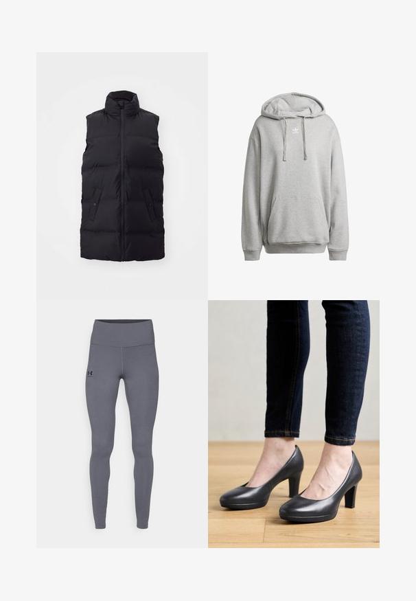 Czarna bezrękawnikowa kamizelka puchowa z wysokim kołnierzem, zapinana na zamek, posiadająca dwie zapinane na guziki kieszenie oraz pikowaną fakturę.; Szara bluza z kapturem wykonana z mieszanki bawełny, z kieszenią z przodu, ściągaczami na rękawach i białym logo na piersi.; Szare legginsy sportowe wykonane z gładkiego, elastycznego materiału. Wysoki pas i dopasowane nogawki. Czarny logo na lewym biodrze. Brak widocznych szwów.; Szare skórzane buty na wysokim obcasie z zaokrąglonym noskiem i gładkim wykończeniem. Założone z ciemnoniebieskimi dżinsami, ukazującymi smukłą sylwetkę.