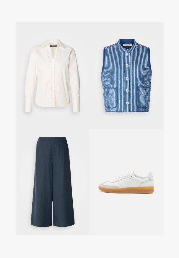 Blå quilted vest med hvite vertikale striper, mandarin-krage, frontknapper og to lommer. Myk stoffkvalitet.; Mos Mosh WAVE SHIRT - Skjortebluse - ecru; Vidde benbukser i marineblå, laget av lett stoff. Har en litt teksturert overflate, elastisk liv og frontseam.; Hvite lær sneakers med beige semsket skinn-detaler, såle av gummi, og snøring. Har subtil merkevare med gullfarge.