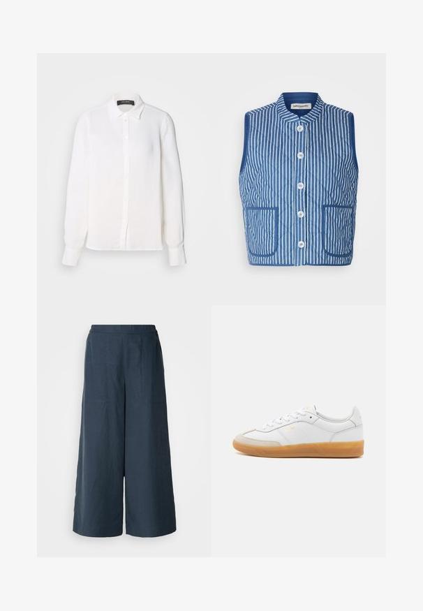 Sinine tikandiga vest valgete vertikaalsete triipudega, mandariini kaelusega, esituskessudega ja kahe patšopoketiga. Pehme kangatextuur.; Mos Mosh KETHER SHIRT - Nööpidega pluus - ecru; Kitsad laiad püksid tumesinisest kergest kangast. Omavad veidi tekstuurset pinda, elastset vööd ja esimesi õmblusi.; Valge nahast tenniseking, millel on beeži luksusliku sameti detailid, kummi kummist tald ja seotud disain. Esitleb diskreetset kuldset brändimist.