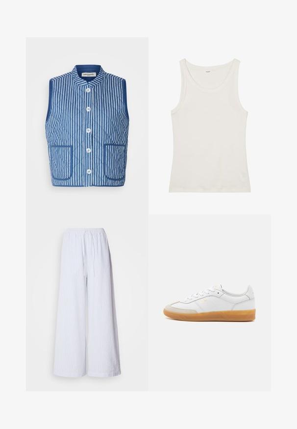Gilet matelassé bleu avec des rayures verticales blanches, un col mandarin, des boutons à l'avant et deux poches plaquées. Texture de tissu douce.; Débardeur en coton blanc avec un col large et de fines bretelles. Texture lisse sans motifs ni embellissements visibles.; Pantalons larges blancs à rayures bleu clair, dotés d'une ceinture élastique à cordon de serrage et d'un tissu texturé.; Baskets en cuir blanc avec des accents en suédine beige, semelle en caoutchouc gomme et design à lacets. Présente un logo discret en doré.