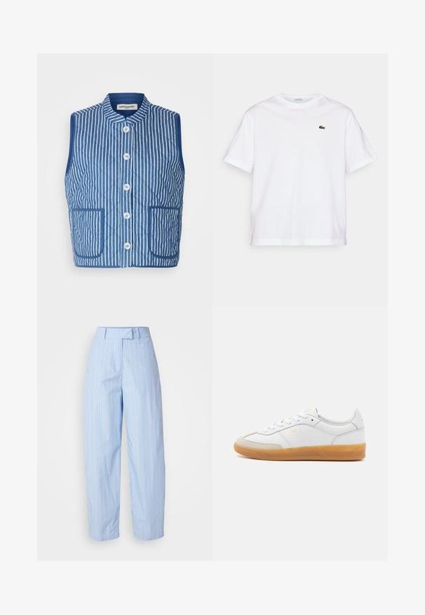 Blå quilted vest med hvite vertikale striper, mandarin-krage, frontknapper og to lommer. Myk stoffkvalitet.; Hvit bomull T-skjorte med rund hals og korte ermer. Har en grønn brodert logo på brystet. Myk tekstur, avslappet passform.; Lyseblå vid bukser med vertikale hvite og røde striper, med beltehemper i livet og sidelommer.; Hvite lær sneakers med beige semsket skinn-detaler, såle av gummi, og snøring. Har subtil merkevare med gullfarge.