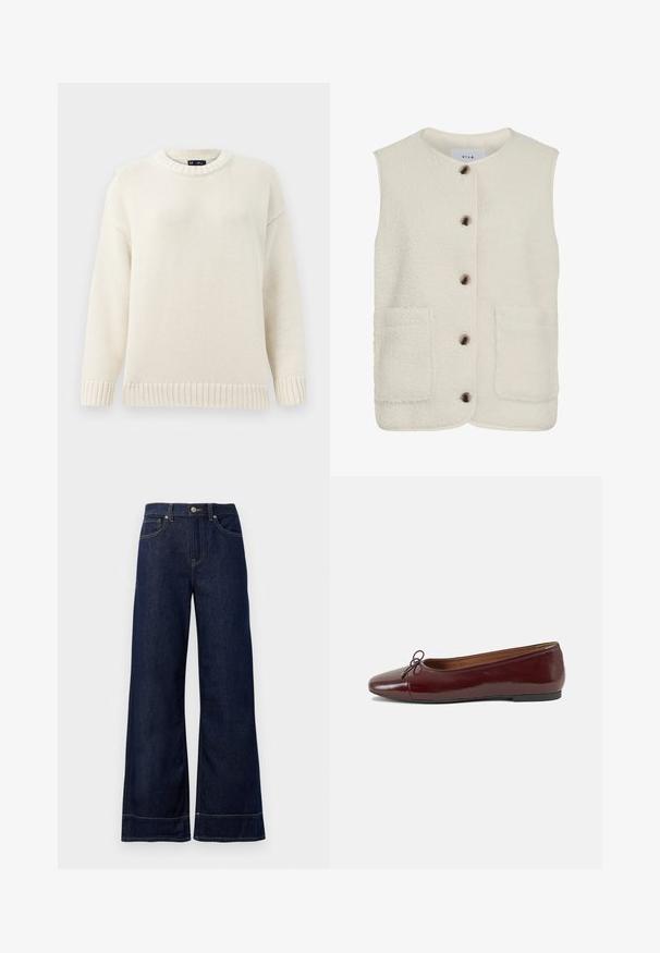 Kreemi värvi fliisvest ümmarguse kaeluse, eesnööbiga sulgemise ja kahe suure kleebitava taskuga. Omab tekstuurset pinda ja kontrastseid ääriseid.; Vaaleankerman neulepusero pyöreällä kauluksella, ribatulla hihansuilla ja helman reunalla. Teksturoitu kuvio ja pudotetut hartiat tarjoavat rennon istuvuuden.; Tummansiniset leveälahkeiset farkut, jotka on valmistettu denimistä. Varustettu napilla suljettavalla vyötäröllä, ompeluyksityiskohdilla ja sivutaskuilla. Laajakärkinen hem.; Burgundin värinen lakattu nahkainen ballerinatossu pyöreällä varvaskärjellä, pienen nauhan yksityiskohdalla edessä ja matalalla mustalla kumipohjalla. Sujuva pinta.