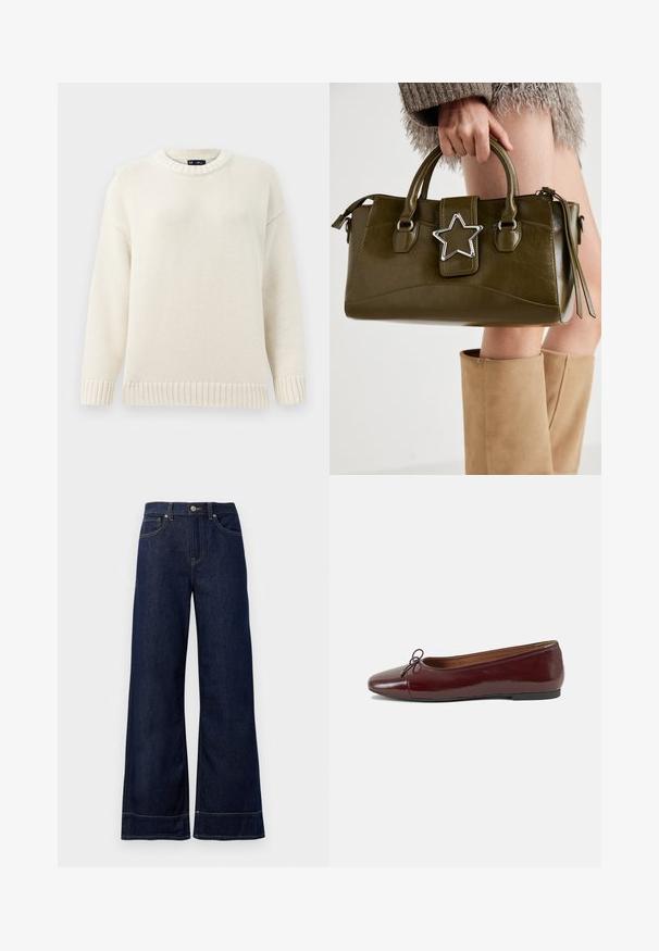Fleecevest i kremfarge med rund hals, frontlukking med knapper og to store påsydde lommer. Har en teksturert overflate og kontrastpiping.; Lys kremfarget strikket genser med rund hals, ribbestrikkede ermer og nederkant. Har et teksturert mønster og droppede skuldre for en avslappet passform.; Mørkeblå vide denimjeans. Har knappestengning, sømdetaljer og sidelommer. Utskåret bunnsøm.; Burgunderrød lakk lær ballettleilighet med rund tå, liten sløyfe foran og en lav, svart gummisåle. Glatt tekstur.; Oliven grønn faux lær håndveske med sølvstjerneakcent, doble håndtak og glidelåslukking. Teksturert overflate og strukturert form.