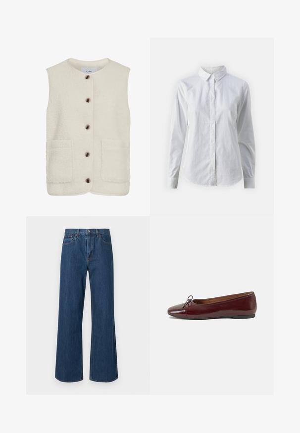 Fleece-Weste in Creme mit Rundhalsausschnitt, vorderem Knopfverschluss und zwei großen aufgesetzten Taschen. Verfügt über eine strukturierte Oberfläche und Kontrastpaspel.; Weißes Hemd mit Knöpfen, aus glattem Baumwollstoff, mit klassischem Kragen, langen Ärmeln und abgerundetem Saum. Die Knöpfe sind klein und weiß.; Weite Denim-Jeans in Mittelblau, mit hoher Taille, Fronttaschen und dezenten Steppdetails. Glatter Stoff mit abgerundeten Säumen.; Burgunderfarbenes, lackiertes Ballettschuh mit abgerundetem Zehenbereich, kleiner Schleifenakzent vorne und einer niedrigen, schwarzen Gummisohle. Glatte Textur.