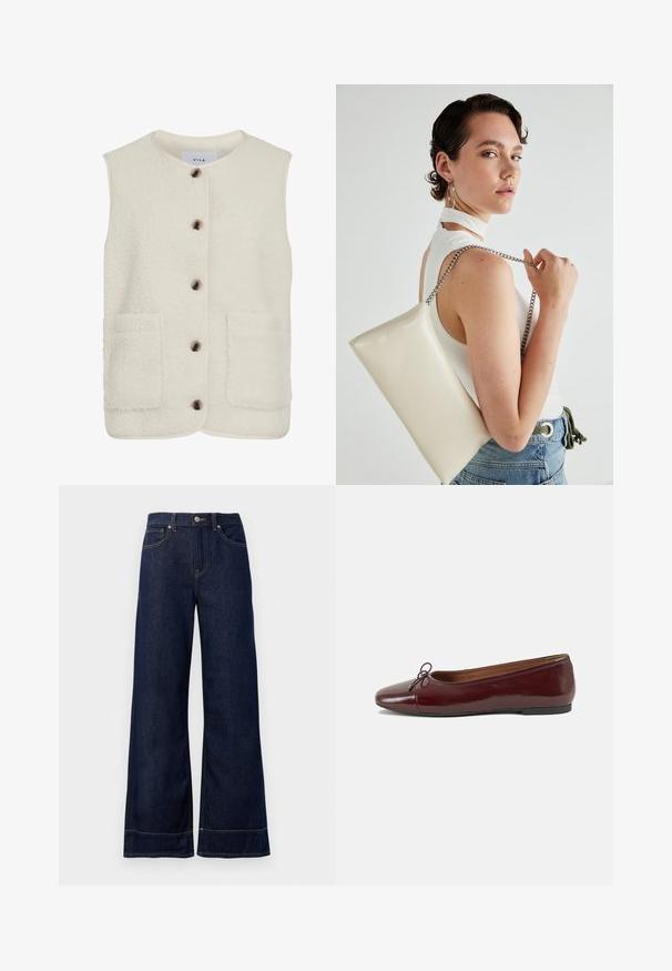 Vest din fleece crem cu guler rotund, închidere frontală cu nasturi și două buzunare mari aplicate. Prezintă o suprafață texturată și un piping în contrast.; Cămașă albă cu nasturi, confecționată din bumbac neted, având un guler clasic, mâneci lungi și un tiv curbat. Nasturii sunt mici și albi.; Jeans din denim, de culoare albastru închis, cu croială largă. Include un sistem de închidere cu nasture, detalii de cusătură și buzunare laterale. Bază evazată.; Balerini din piele patent burgund cu vârful rotund, accent de fundiță mică în față și talpă joasă din cauciuc negru. Textură netedă.; Geantă de clutch rectangulară albă, realizată dintr-un material lucios, având o curea de lanț argintie. Modelul pozează, evidențiind geanta pe un fundal simplu.