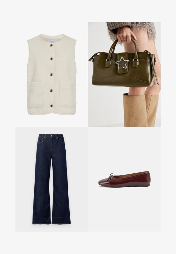 Fleece vest in cream with a round neck, front button closure, and two large patch pockets. Features a textured surface and contrast piping.; Long-sleeve mauve blouse with gathered collar, keyhole neckline with button closure, and slightly puffed shoulders.; Dark blue wide-leg jeans made from denim. Features a button closure, stitching details, and side pockets. Flared bottom hem.; Burgundy patent leather ballet flat with a rounded toe, small bow accent at the front, and a low, black rubber sole. Smooth texture.; Olive green faux leather handbag with silver star accent, dual handles, and a zip closure. Textured surface and structured shape.