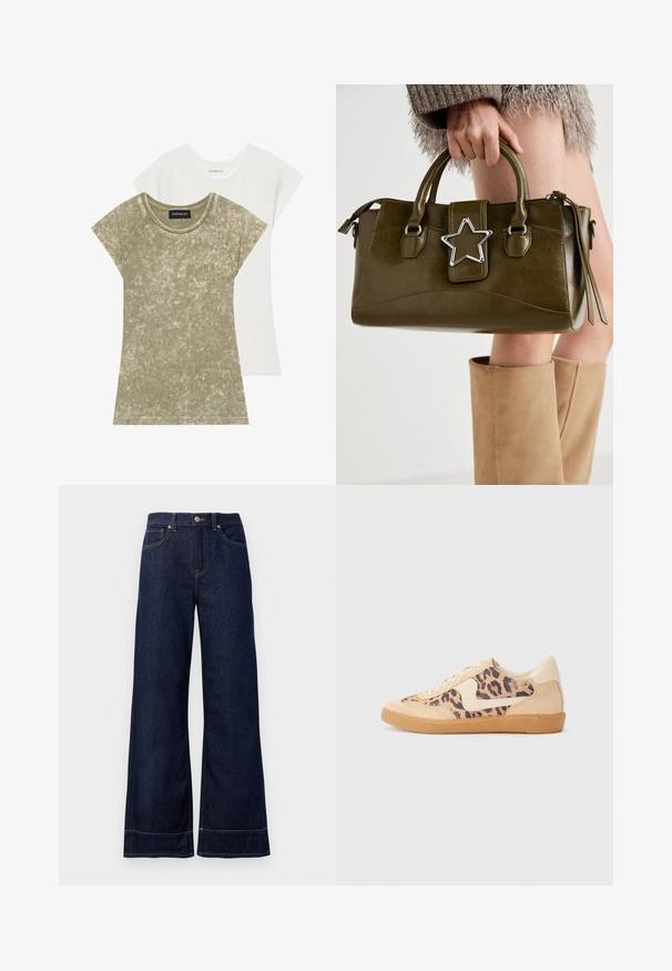 Fleecová vesta vo farbe smotany s okrúhlym výstrihom, predným zapínaním na gombíky a dvoma veľkými našitými vreckami. S textúrovaným povrchom a kontrastným lemovaním.; Dvoje tričiek s krátkym rukávom: jedno olivovo zelené s textúrovanou, rebrovanou látkou, druhé obyčajné biele. Obe majú okrúhly výstrih a raglánové rukávy.; Tmavomodré široké džínsy vyrobené z denimu. Obsahujú zapínanie na gombík, šitie a bočné vrecká. Rozšírený spodný lem.; Tenisky s leopardím vzorom, s béžovým semišovým zvrškom, svetlohnedou gumovou podrážkou a bielymi akcentmi. Okrúhla špička a šnurovací dizajn s textúrovaným povrchom.; Olive zelená kabelka z faux kože s striebornou hviezdou, dvojitými uchami a zipsovým uzáverom. Textúrovaný povrch a štruktúrovaný tvar.