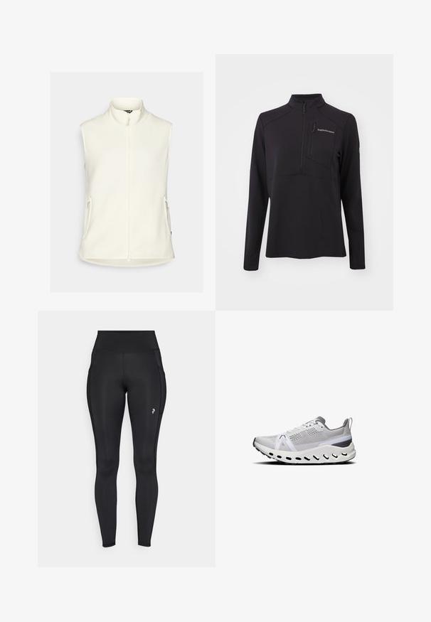 Hvid fleecevest med høj krave, fuld frontlynlås og to sidelommer. Glat tekstur, uden ærmer og afrundet kant.; Sort langærmet pullover lavet af struktureret materiale, med en halv lynlås, høj krave og en lynlås lomme på brystet. Brandlogo på fronten.; Sorte, hel-lange leggings lavet af strækbart materiale, med høj talje, sidelommer og et lille logo på venstre lår.; Hvide sportsko med en mesh-overdel, grå accenter, tyk polstret sål og flere ventilationshuller langs bunden.