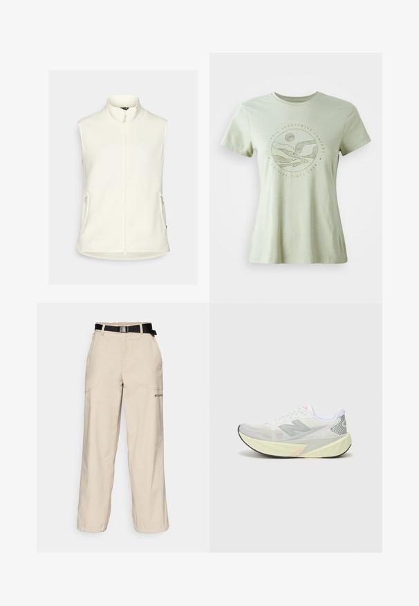 Fehér bolyhos mellény magas gallérral, teljes cipzárral és két oldalsó zsebbel. Simító textúrájú, ujjak nélküli, kerekített aljú.; Világos zöld, rövid ujjú póló, világosbézs kör alakú grafikával, amely hegyeket, folyót és napot ábrázol. Puha anyag, kerek nyakkivágással.; Beige cargo nadrág széles szárú kialakítással, fekete állítható övvel, elülső zsebekkel és finom logóval a bal lábon.; Könnyű futócipő szürke és fehér hálós felsőrészével, kiemelkedő 'N' logójával, sárga középtalppal és szögletes díszítésekkel. Fekete talp.