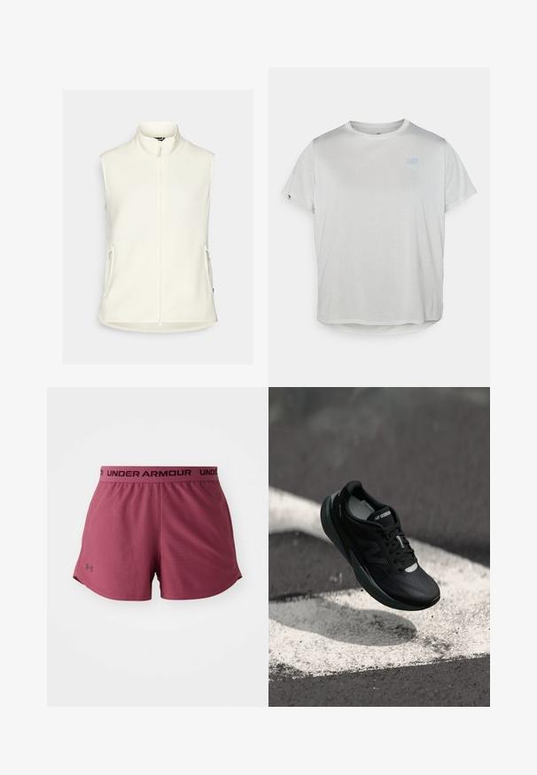 Fehér bolyhos mellény magas gallérral, teljes cipzárral és két oldalsó zsebbel. Simító textúrájú, ujjak nélküli, kerekített aljú.; Világosszürke, rövid ujjú sportpóló, texturált hálós anyagból, amelyen finom kék logó található az elején. Lekerekített aljú.; Burgundi sportnadrág sima textúrával, fekete elasztikus derékkal, amelyen az "UNDER ARMOUR" logó látható. Oldalhasítással a rugalmasság érdekében.; Fekete futócipő textúrált felsőrésszel, karcsú dizájnnal és fényvisszaverő részletekkel. Puha, párnázott talppal a kényelem érdekében.