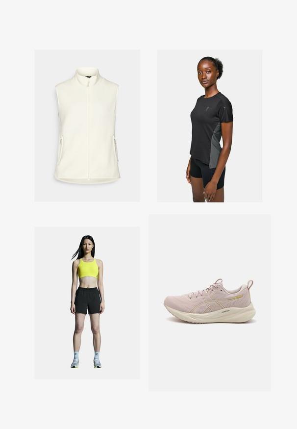 Weißer Fleece-Weste mit hohem Kragen, durchgehendem Reißverschluss und zwei Seitentaschen. Glatte Textur, ohne Ärmel und abgerundetem Saum.; Schwarzes Sport-T-Shirt mit grauen Seitenpanels, kurzen Ärmeln und Rundhalsausschnitt. Besitzt ein kleines Logo auf der Brust und hat eine glatte Textur.; Gelbes Sport-BH mit einem cropped Design, kombiniert mit schwarzen Sportshorts. Trägt graue Schuhe mit gelben Akzenten und hellblauen Socken.; Rosa Laufschuh mit atmungsaktivem Obermaterial, strukturierten Details, einer gepolsterten Zwischensohle und dezenten gelben Akzenten an der Seite und Zunge.
