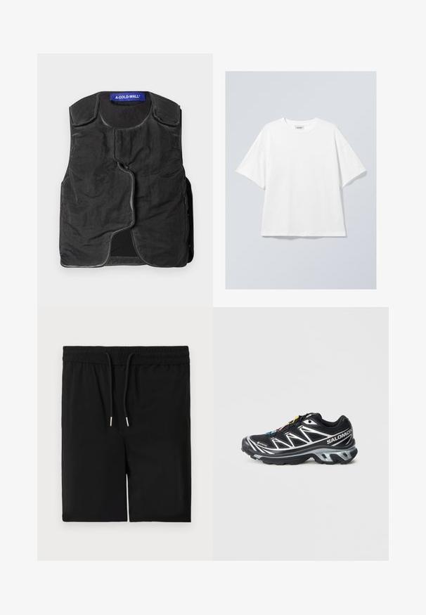 Black vest with textured fabric, rounded neckline, asymmetrical front closure, and side pockets. Features a blue brand label at the collar.; White cotton t-shirt with a round neckline and short sleeves. Relaxed fit with no visible patterns or accents. Smooth texture.; Black shorts made of soft fabric, featuring an elastic waistband with drawstring, and a smooth texture. No pockets or additional embellishments.; Black running shoe with silver accents, GORE-TEX material, textured sole, and colorful laces. Features a cushioned heel for support.