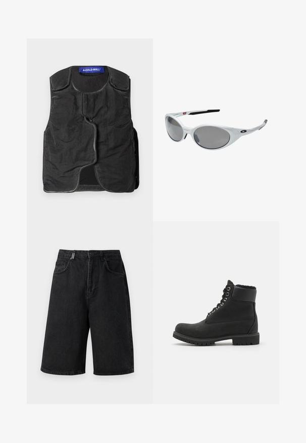 Black vest with textured fabric, rounded neckline, asymmetrical front closure, and side pockets. Features a blue brand label at the collar.; White cotton T-shirt featuring a crew neck and short sleeves. Straight hem with no patterns or accents, offering a simple design.; Black denim shorts with a loose fit, mid-rise waist, five pockets, and belt loops. The fabric has a smooth texture and subtle stitching details.; Black ankle boot made of suede with a rubber sole, featuring metal eyelets, laces, and a soft faux fur collar around the top.; White plastic sunglasses with large oval lenses, gray tinted. Features black ear grips and a small logo on the frame. Smooth finish.