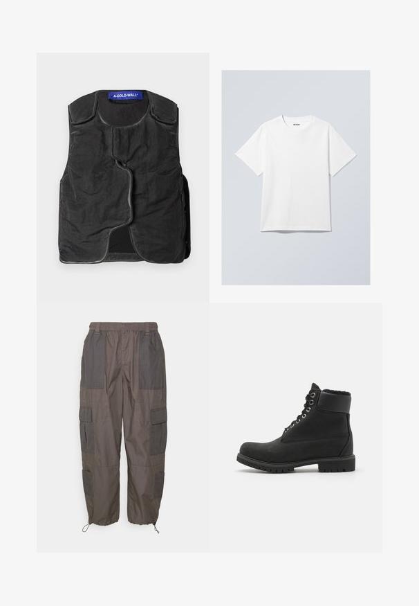 Černá vesta s texturovanou látkou, kulatým výstřihem, asymetrickým zapínáním vpředu a postranními kapsami. Na límci se nachází modrá značka.; Bílý bavlněný tričko s kulatým výstřihem, krátkými rukávy a volnějším střihem. Na výstřihu je štítek s nápisem "WEEKDAY".; Pier One Kapsáče - dark grey; Černé kotníkové boty vyrobené z jemného semiše s gumovou podrážkou, zdobené kovovými očky, šňůrkami a měkkým umělým kožíškem kolem vrchu.