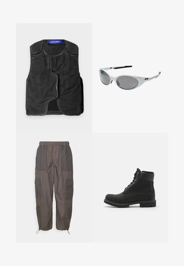 Sort vest med tekstureret stof, rund halsudskæring, asymmetrisk frontlukning og sidelommer. Har et blåt mærke ved kraven.; Hvid bomuld t-shirt med rund halsudskæring, korte ærmer og en afslappet pasform. Har et mærke, der står "WEEKDAY", på halsudskæringen.; Pier One Cargobukser - dark grey; Sort ankelstøvle lavet af suede med en gummisål, der har metaløjer, snørebånd og en blød faux fur-krave rundt om toppen.; Hvide plast solbriller med store ovale linser, gråtonede. Har sorte øre greb og et lille logo på rammen. Glat overflade.