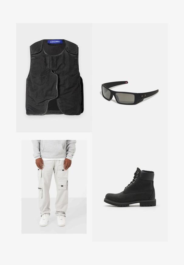 Zwarte vest met gestructureerde stof, ronde halslijn, asymmetrische voorklep en zijzakken. Heeft een blauwe merketiket bij de kraag.; Witte katoenen t-shirt met een ronde hals, korte mouwen en een losse pasvorm. Heeft een merklabel met de tekst "WEEKDAY" op de hals.; Lichtgrijze cargobroek van katoen met meerdere voor- en zijzakken, met zwarte accenten en een ritszak aan de zijkant.; Zwarte enkelboot van suede met een rubberen zool, voorzien van metalen oogjes, veters en een zachte nepbontkraag rondom de bovenkant.; Zwarte zonnebril met een matte afwerking, rechthoekige glazen, een lichte kromming op de slapen, subtiele logodetails en rookgetinte glazen.