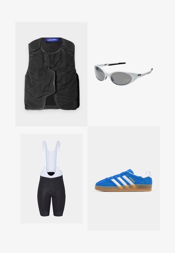Čierny vest s textúrovanou tkaninou, zaobleným výstrihom, asymetrickým predným zapínaním a bočnými vreckami. Má modrú značku na golieri.; Biely bavlnený tričko s okrúhlym výstrihom, krátkymi rukávmi a voľným strihom. Má značkovú etiketu s nápisom "WEEKDAY" na výstrihu.; Čierne šortky s bielymi popruhmi, s polstrovaným sedlom a elastickými manžetami. Hladká textúra s detailami loga značky na popruhoch.; Modré semišové tenisky s bielymi pruhmi a textom "Gazelle". Obsahuje základňu z gumovej gumy a texturované detaily na hornej časti. Klasický dizajn.; Biele plastové slnečné okuliare s veľkými oválnymi šošovkami, šedými tónovanými. Vlastnosti zahŕňajú čierne ušné úchyty a malé logo na ráme. Hladký povrch.
