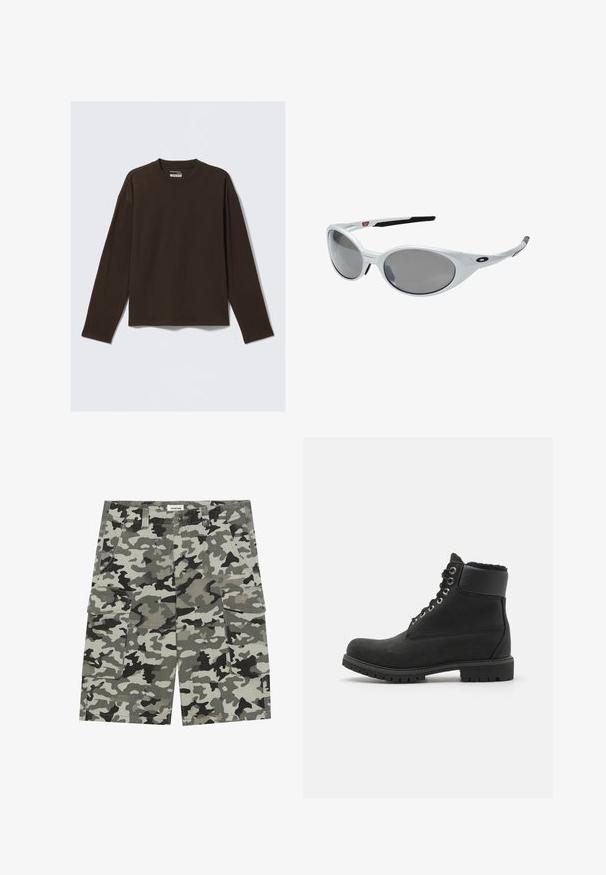 Fekete mellény texturált anyagból, lekerekített nyakkal, aszimmetrikus elülső záródással és oldalsó zsebekkel. A galléron kék márkacímke található.; Barna, hosszú ujjú pamut póló, kerek nyakkivágással, laza fazonban, minimalista dizájnnal, minta vagy díszítés nélkül.; Camos-felt cargo bermuda nadrág, szürke és zöld árnyalatokban, több zsebből, gombos záródással és strapabíró szövettextúrával.; Fekete bokacsizma, velúrból készült, gumi talppal, fém szemekkel, fűzős kialakítással és puha műszőrme gallérral a tetején.; Fehér műanyag napszemüveg nagy ovális lencsékkel, szürkére árnyékolva. Fekete fülre csúszó betétekkel és egy kis logóval a kereten. Simább felület.
