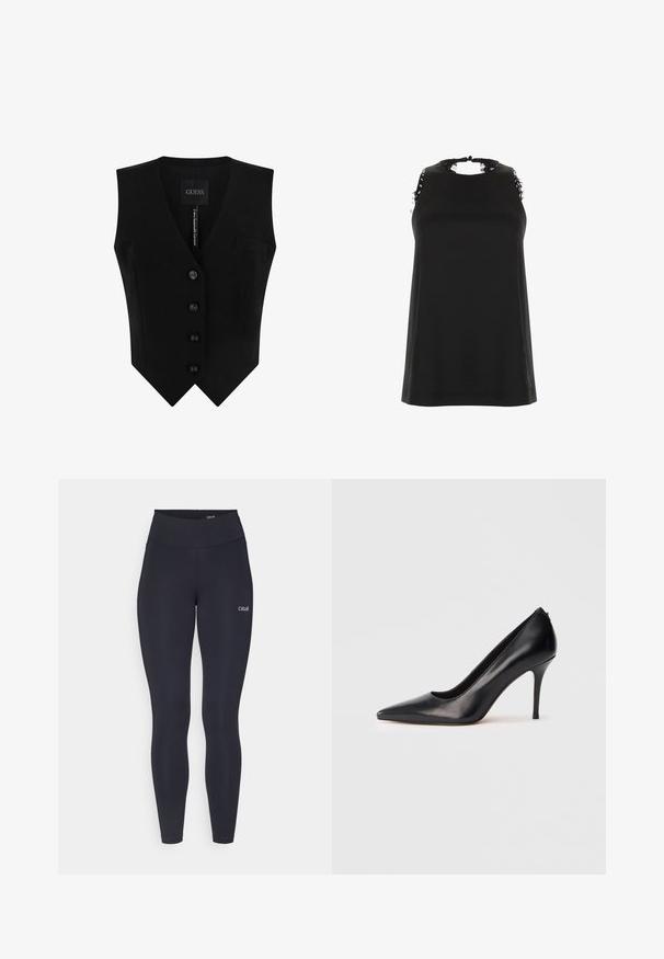 Sort vest med en V-halsdesign, der har fire dekorative runde knapper, en lille lomme og en glat stofstruktur.; Sort ærmeløs top med høj hals, der har frynset blondeaccent på skuldrene og en glat, blød tekstur.; Sorte leggings med høj talje, lavet af strækbart stof, med et lille hvidt logo på låret og en glat overflade.; Sort læder højhælet pump med spids tå, glat tekstur og elegant design. Har en slank, forhøjet hæl og en lavudskåret front.