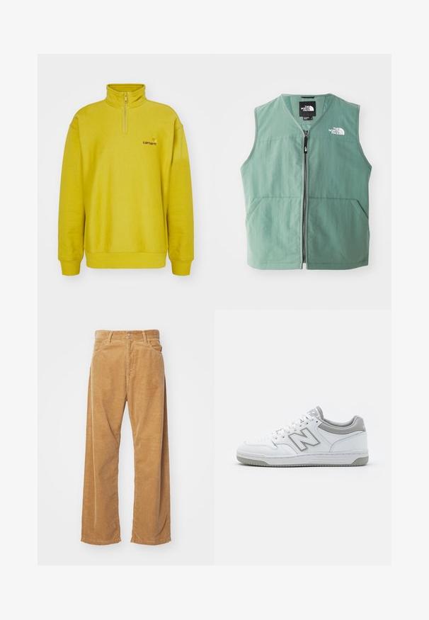 Roheline ilma varrukateta vest, millel on lukuga ees, kaks eesmist taskut ja logo vasakul rinnal. Valmistatud kergest kangast, millel on matt viimistlus.; Kollane fliiste kampsun, millel on pooltõmbetuka, soonikkoes varrukas ja brodeeritud logo vasakul rinnal. Sile tekstuur.; Karedžvõrkudega laiade jalgade püksid beežikas värvuses. Omab tekstuuriga vertikaalseid triibusid, tavalist vöökohta ja kahte esipoolt taskut.; Valged nahast spordijalatsid hallide aktsentidega, millel on perforatsioonidega varvastes koht, lamedad paelad ja mustriline tallaosa. New Balance'i logo külje peal.