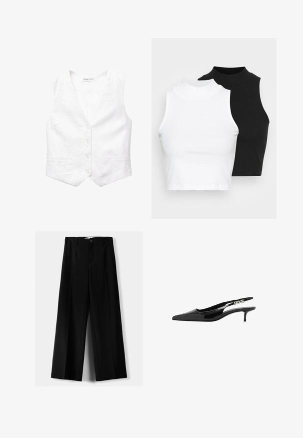Bílá lněná vesta s výstřihem do V, pěti předními knoflíky, dvěma kapsami a mírně strukturovaným tvarem. Hladká textura, bez vzorů nebo akcentů.; Dvě bezrukávové halenky s ribovým stojáčkem v černé a bílé barvě, které mají přiléhavý střih a hladkou texturu, s krácenou délkou.; Černé široké kalhoty z lehkého materiálu s předním zapínáním na knoflík a hladkým předním dílem, s pečlivě přišitými lemy.; Černá lakovaná slingback obuv s špičatou špičkou a nízkým podpatkem. Obsahuje kovový akcent po celé délce pásku pro vylepšení detailu.