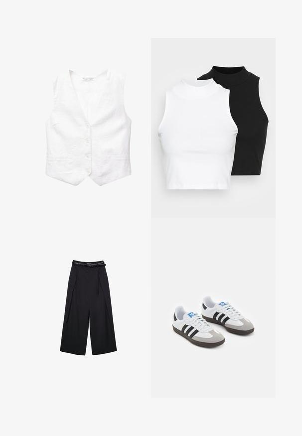 Biały lniany kamizelka z dekoltem w serek, pięcioma guzikami z przodu, dwiema kieszeniami i lekko strukturalnym krojem. Gładka faktura, bez wzorów ani akcentów.; Dwa bezrękawnikowe golfy w kolorze czarnym i białym, charakteryzujące się dopasowanym fasonem i gładką teksturą, o skróconej długości.; Czarne spodnie z szerokimi nogawkami wykonane z gładkiego materiału, z wysokim stanem i szlufkami na pasek, z plisowanym przodem i bez widocznych wzorów.; Buty sportowe z białą skórzaną cholewką, szarym zamszowym noskiem i trzema czarnymi paskami. Posiadają niebieskie logo na języku oraz teksturowaną gumową podeszwę.