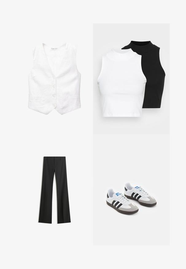 Witte linnen gilet met een V-hals, vijf knopen aan de voorkant, twee zakken en een licht gestructureerde vorm. Soepele textuur, zonder patronen of accenten.; Twee mouwloze ribgebreide coltruien in zwart en wit, met een slim fit ontwerp en een gladde textuur, met een cropped lengte.; Zwarte wijde broek van een gladde stof, met een hoge taille en strakke lijnen, zonder zichtbare patronen of versieringen.; Sportschoenen met een witte leren bovenkant, grijze suède neus en drie zwarte strepen. Bevat een blauw logo op de tong en een gestructureerde rubberen zool.