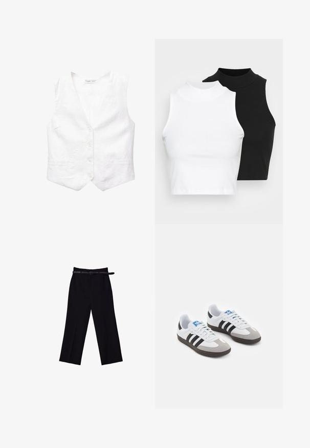 Biely ľanový vest s výstrihom do V, piatimi prednými gombíkmi, dvoma vreckami a mierne štruktúrovaným tvarom. Hladká textúra, žiadne vzory ani akcenty.; Dve bezrukávové rebrované roláky v čiernej a bielej farbe, pričom majú priliehavý strih a hladkú textúru, s krátkou dĺžkou.; Čierne nohavice s širokými nohavicami a hladkým povrchom. Obsahujú priliehavý pás, pútka na opasok a predné vrecká.; Športové topánky s bielym koženým zvrškom, šedou semišovou špičkou a tromi čiernymi pruhmi. Obsahujú modré logo na jazyku a štruktúrovanú gumovú podrážku.