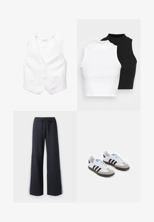 Fehér vászon mellény V nyakkal, öt elülső gombbal, két zsebből és kissé szigorúbb formával. Simább textúrája van, minta vagy díszítés nélkül.; Két ujjatlan, bordázott garbós top fekete és fehér színben, testhezálló kialakítással és sima textúrával, rövidített hosszal.; Fekete, bő szárú nadrág elasztikus derekkal és zsinórral. Kék oldalsávokkal és sima, puha textúrával rendelkezik.; Fehér bőr felsőrészes sportcipő, szürke velúrból készült orral és három fekete csíkkal. Jellemzője a kék logó a nyelvén és egy texturált gumitalp.