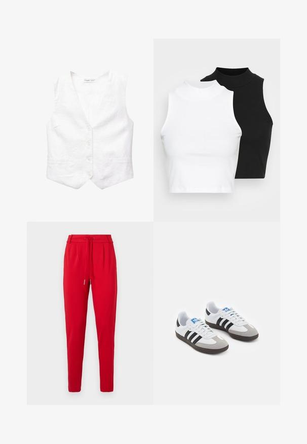 Weißes Leinenhemd mit V-Ausschnitt, fünf vorderen Knöpfen, zwei Taschen und einer leicht strukturierten Form. Glatte Textur, ohne Muster oder Akzente.; Zwei ärmellose, gerippte Rollkragenoberteile in Schwarz und Weiß, mit einer figurbetonten Passform und glatter Textur sowie einer cropped Länge.; Rote, taillierte Hose mit einem Kordelzugbund und Falten an der Vorderseite, vor einem weißen Hintergrund präsentiert.; Sportschuhe mit einem Obermaterial aus weißem Leder, grauer Wildleder-Zehenkappe und drei schwarzen Streifen. Sie verfügen über ein blaues Logo auf der Zunge und eine strukturierte Gummisohle.