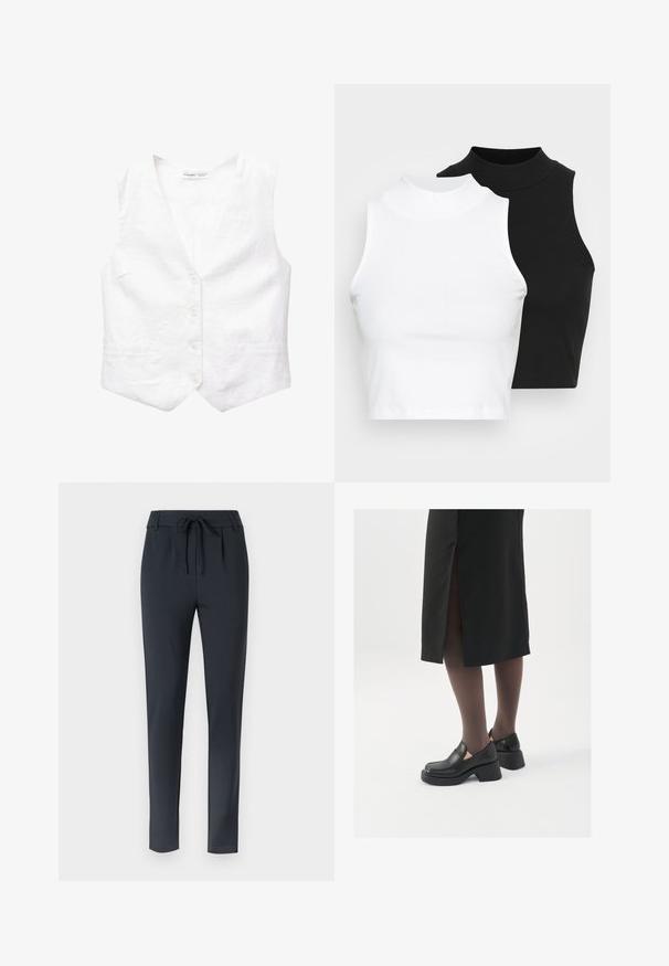 Weißes Leinenhemd mit V-Ausschnitt, fünf vorderen Knöpfen, zwei Taschen und einer leicht strukturierten Form. Glatte Textur, ohne Muster oder Akzente.; Zwei ärmellose, gerippte Rollkragenoberteile in Schwarz und Weiß, mit einer figurbetonten Passform und glatter Textur sowie einer cropped Länge.; Dunkelblaue Slim-Fit-Hosen mit einem verstellbaren Bund, aus einem weichen, dehnbaren Stoff gefertigt. Sie verfügen über eine flache Vorderseite und ein tailliertes Bein.; Schwarze Lederschuhe mit abgerundetem Zeh, dicker Blockabsatz und elastischen seitlichen Akzenten, kombiniert mit dunklen Strumpfhosen und einem schwarzen Rock mit Schlitz.