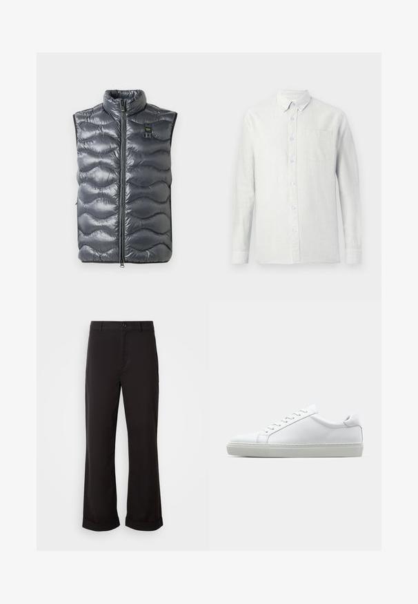 Šedá puffrová vesta s vysokým golierom, so zapínaním na zips a vlnkovým vzorom. Obsahuje malé logo blízko zipsu.; Svetlý, dlhý rukáv, košeľa s vertikálnymi pruhmi, s knoflíkovým golierom a náprsného vrecka. Tkanina sa javí ako textúrovaná s jemným povrchom.; Čierne nohavice s rovnými nohavicami, vyrobené z ľahkého materiálu. Majú klasické zapínanie na gombík a otočené manžety na leme.; Biele tenisky s hladkým koženým zvrškom a nízkym profilom. Majú zaoblenú špičku, šesť očiek a štruktúrovanú gumovú podrážku.