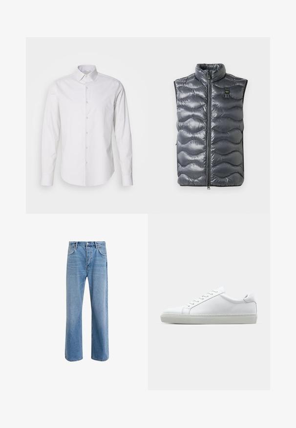 Sivi puffer prsluk s visokim ovratnikom, s patentnim zatvaračem i teksturom u obliku valova. Sadrži mali znak blizu zatvarača.; Bijela košulja dugih rukava s oštrim kragnom, dugmadi sprijeda, izrađena od glatke tkanine. Ima suptilnu prugastu teksturu.; Svijetloplave traperice s ravnim nogavicama, pet džepova, zatvaranjem na gumb, minimalnim izbljeđivanjem i kontrastnim šavovima.; Bijela tenisica s glatkim kožnim gornjim dijelom i niskim profilom. Ima zaobljen vrh, šest rupica za vezanje i teksturiranu gumenu podlogu.