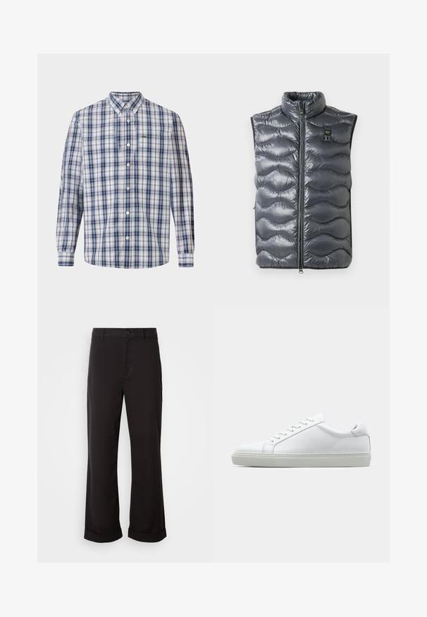 Pelēks pūķa veste ar augstu apkakli, ar rāvējslēdzēja aizdari un viļņu rakstu tekstūru. Iekļauta neliela logo tuvumā pie rāvējslēdzēja.; Zilā un baltā krāsā svītraina uzklikšķināma krekls ar klasisku apkakli, garām piedurknēm un mazu izšūtu logo uz krūtīm.; Melni bikses ar taisnu piegriezumu, izgatavotas no viegla auduma. Tām ir klasiskas pogu aizdares un ripinātas maliņas.; Baltie sporta apavi ar gludu ādas virsu un zemu profilu. Iezīmējas ar noapaļotu purngalu, sešām acīm un teksturētu gumijas zoli.