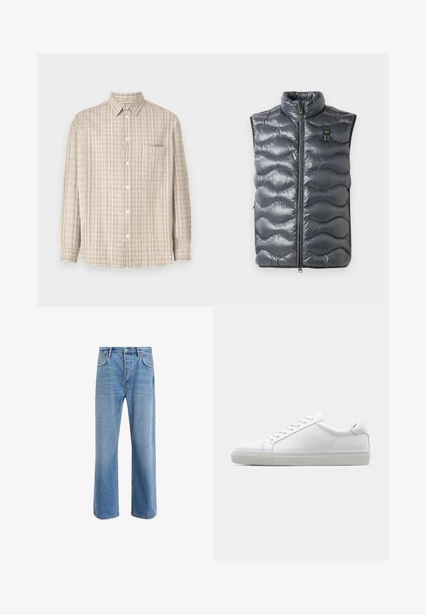 Gilet matelassé gris avec un col haut, doté d'une fermeture éclair et d'une texture en motif de vagues. Comprend un petit logo près de la fermeture éclair.; Chemise à boutons en beige clair, avec un motif à carreaux, des manches longues, une poche poitrine et un col classique.; Jeans en denim bleu clair avec une coupe droite, cinq poches, fermeture à bouton, peu d'usure et des détails de couture contrastés.; Sneaker blanche avec une tige en cuir lisse et un profil bas. Présente un bout arrondi, six œillets et une semelle en caoutchouc texturé.