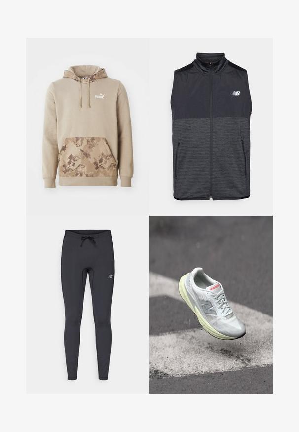 Gilet senza maniche zip-up in nero e grigio scuro con colletto alto, due tasche con zip e logo New Balance bianco sul petto sinistro.; Felpa beige con cappuccio e tasca a marsupio frontale. La tasca presenta un motivo camouflage marrone. Logo bianco sul petto. Tessuto morbido.; Leggings sportivi neri realizzati in tessuto elasticizzato. Presentano una cintura con coulisse e un piccolo logo riflettente sulla coscia destra.; Scarpa da corsa leggera con tomaia in mesh bianco, intersuola gialla e accenti grigi. Presenta un logo ‘N’ prominente e una superficie testurizzata.