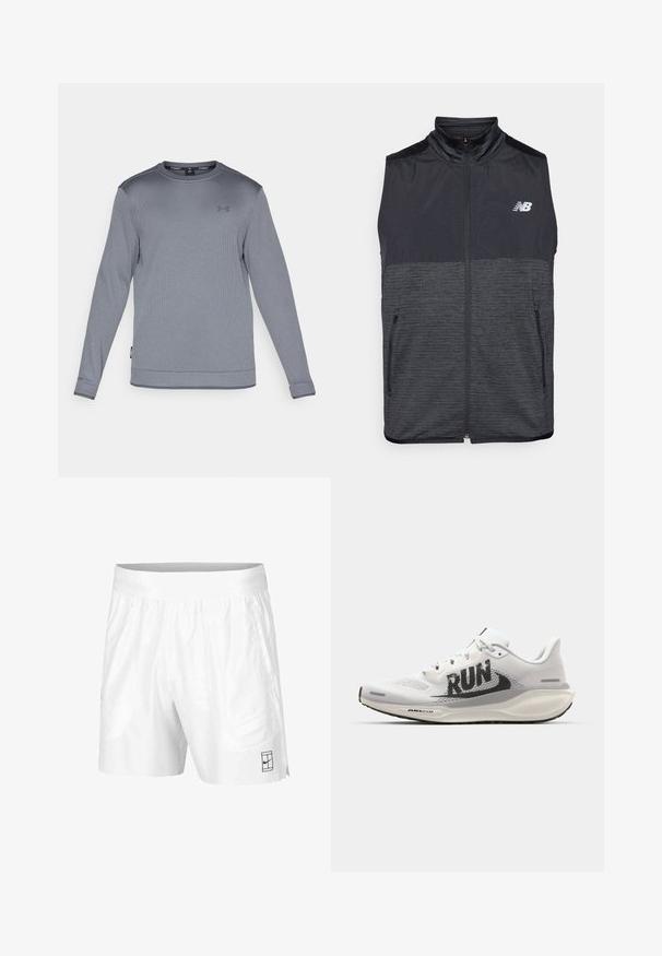 Μαύρο και σκούρο γκρι αμάνικο γιλέκο με φερμουάρ, όρθιο γιακά, δύο τσέπες με φερμουάρ και λευκό λογότυπο New Balance στο αριστερό στήθος.; Γκρι αθλητική μπλούζα με μακριά μανίκια, φτιαγμένη από υφασμάτινο υλικό με υφή, με στρογγυλή λαιμόκοψη, διαθέτει μικρό λογότυπο στο στήθος και λεπτομέρειες από ριμπ στις μανσέτες.; Λευκοί αθλητικοί σορτς από ελαφρύ ύφασμα με ελαστική μέση, διαθέτοντας δύο πλαϊνές τσέπες και ένα μικρό μαύρο λογότυπο στο στρίφωμα.; Λευκό αθλητικό παπούτσι με διχτυωτό επάνω μέρος, μεγάλο μαύρο γραφικό "RUN", ανοιχτού γκρι λεπτομέρειες και μαλακή σόλα με την επωνυμία "AIR 200M".