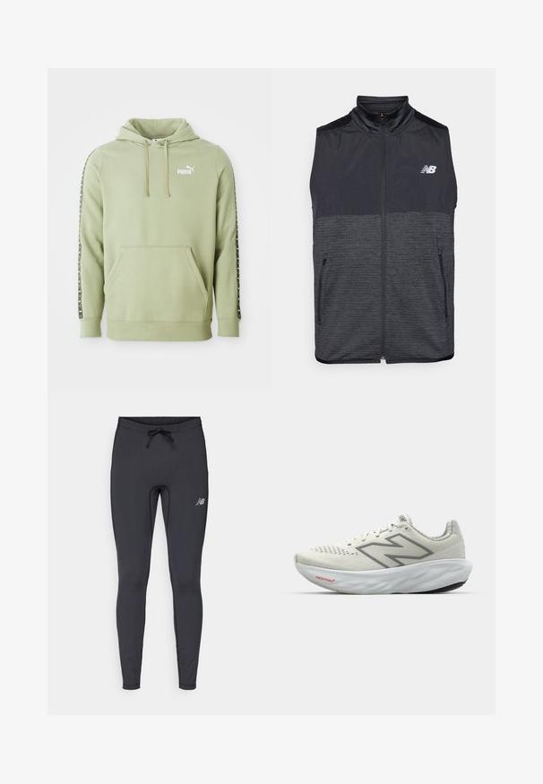 Černá a tmavě šedá bezrukávová vesta na zip s vysokým límcem, dvěma kapsami na zip a bílým logem New Balance na levé hrudi.; Světle zelená mikina Puma s kapucí, přední kapsou, logem na hrudi, stahovací kapucí a pruhy s brandingem podél rukávů.; Černé sportovní legíny vyrobené z elastického materiálu. Disponují elastickým pasem se šňůrkou a malým reflexním logem na pravém stehně.; Běžecká obuv v bílé barvě s šedými akcenty. Mřížková svrchní část, texturovaná podešev a výrazné logo "N". Součástí je polstrovaný límec a označení "Fresh Foam".