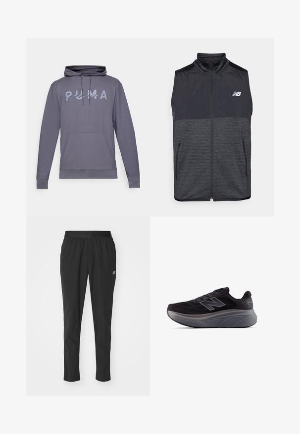 Čierna a tmavošedá bezrukávová vesta na zips so stojačikom, dvoma vreckami na zips a bielym logom New Balance na ľavej hrudi.; Sivá mikina s klokankovým vreckom, šnúrkami a reflexným logom "PUMA" na prednej strane. Hladký materiál, dlhé rukávy a rebrované manžety.; Čierne športové nohavice vyrobené z ľahkého materiálu, s elastickým pásom, zúženým strihom a diskrétnym logom na boku.; Čierna športová obuv s textúrovaným zvrškom, vystuženou pätou a hrubou šedou podrážkou. Obsahuje výrazné logo "N".