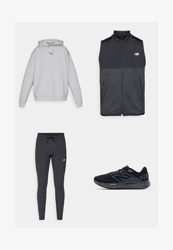Črna in temno siva brezrokavnica na zadrgo s postavljenim ovratnikom, dvema žepoma na zadrgo in belim logotipom New Balance na levem prsnem delu.; Sivi kapućasti dukserica z džepom poput kengura. Mekani materijal od pamuka, rebrasti manžeti, izvezeni logo na grudima, opušten kroj.; Črne športne legice iz elastičnega materiala. Imajo pas z vrvico in majhen odsevni logotip na sprednjem desnem stegnu.; Moške tekaške čevlje v črni mreži z debelim sivo zoljem, krožno teksturo in odsevnimi poudarki. Na strani ima logotip "New Balance".