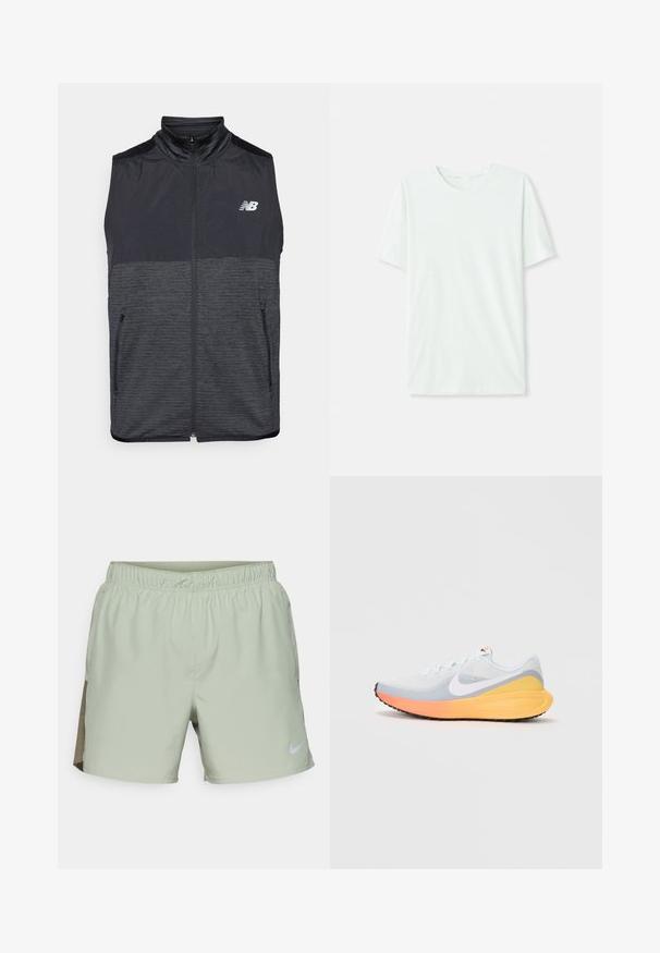 Čierna a tmavošedá bezrukávová vesta na zips so stojačikom, dvoma vreckami na zips a bielym logom New Balance na ľavej hrudi.; Svetlo mentolová kráťacia tričko s krátkym rukávom vyrobené z jemnej látky. Má okrúhly výstrih a jednoduchý, rovný strih bez ozdôb.; Nike Performance CHALLENGER SHORT - Športové šortky - jade horizon/medium olive/black/reflective silver; Svetlomodrá bežecká obuv s priedušným sieťovinovým zvrškom. Má biely znak, oranžovú a žltú medzipodrážku a čiernu podrážku pre trakciu.