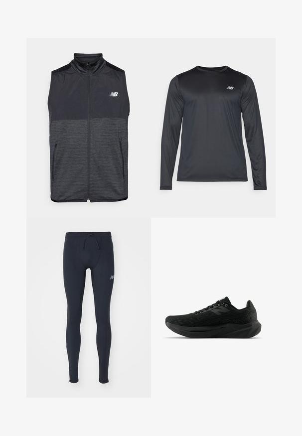 Černá a tmavě šedá bezrukávová vesta na zip s vysokým límcem, dvěma kapsami na zip a bílým logem New Balance na levé hrudi.; Černé sportovní tričko s dlouhým rukávem, vyrobené z hladké, lehké tkaniny s jemnou strukturou. Obsahuje malé logo na levé horní části hrudi.; New Balance SLEEK REFLECIVE TIGHT - Punčochy - black; Černá sportovní obuv s texturovaným svrškem, která se vyznačuje elegantním designem, šněrovacím uzávěrem a silnější podešví s profilem pro lepší přilnavost.