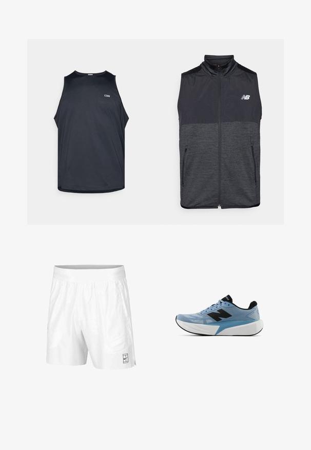 Black and dark gray sleeveless zip-up vest with stand collar, two zippered pockets, and white New Balance logo on left chest.; Black athletic tank top in a textured, breathable fabric. Features a crew neck and wide armholes. Small logo on the front.; White athletic shorts made of lightweight fabric with an elastic waistband, featuring two side pockets and a small black logo on the hem.; Light blue running shoe with black logo, thick white sole, and black inner lining, viewed from the side on a white background.