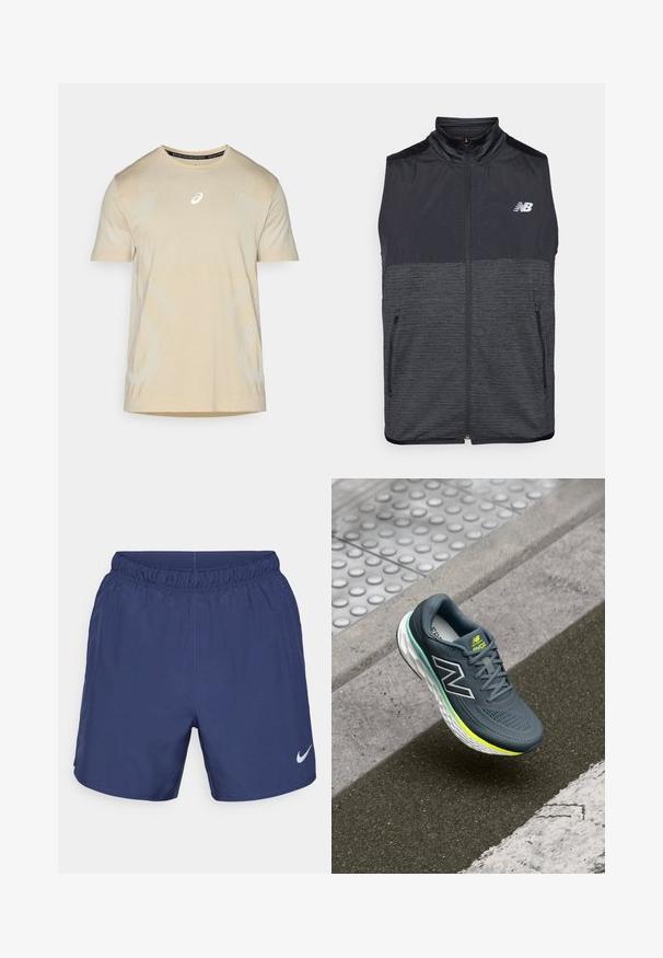 Musta ja tummanharmaa hihaton vetoketjullinen liivi, jossa on pystykaulus, kaksi vetoketjullista taskua ja valkoinen New Balance -logo vasemmassa rinnassa.; Vaaleanbeige lyhythihainen urheilupaita, jossa on heijastavat yksityiskohdat ja teksturoitu pinta. Paidassa on kaarevat muotoilulinjat ja pyöreä kaula-aukko.; Tummansiniset urheilushortsit, jotka on valmistettu kevyestä kankaasta. Ominaisuuksiin kuuluu joustava vyötärö ja pieni valkoinen Nike-logo vasemmalla alakulmassa.; Harmaa urheilukenkä, jossa on teksturoitu päällinen, mustavalkoinen logo, vihreät yksityiskohdat ja pehmustettu valkoinen pohja. Sijoitettu jalkakäytävän yläpuolelle.