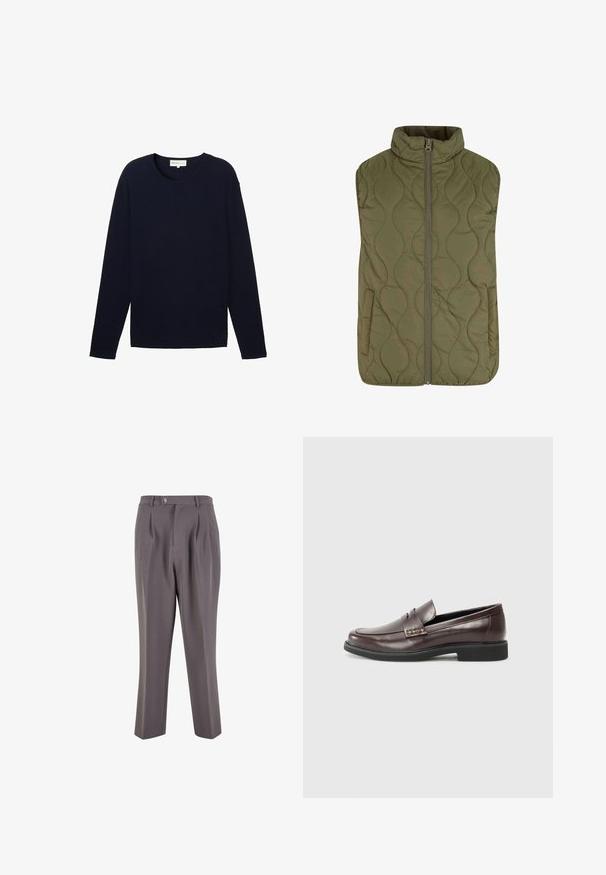 Aliejus žalias siuvinėtas liemenė, turinti aukštą apykaklę, priekį užtrauktuką ir dvi šonines kišenes. Lygi tekstūra su bangų raštu.; Mėlynas džemperis ilgomis rankovėmis, pagamintas iš tekstūruotos medžiagos, su apvaliu iškirpimu ir tiesiu kraštu. Subtilus prekinis ženklas netoli krašto.; Pilki plisuoti kelnės, pagamintos iš lygios medžiagos, su tiesiomis kojomis, vieno mygtuko uždarymu ir įstrižais šoniniais kišenėmis.; Rudi odiniai loaferiai su lygiu paviršiumi, turintys subtilų siūlių akcentą viršuje ir juodą gumos padą.