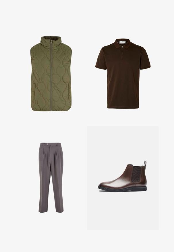 Quilted vest i olivengrønn, med høy krage, frontglidelås og to sidelommer. Glatt tekstur med bølgete mønstersting.; Brun polo skjorte laget av glatt stoff, med glidelås i kragen, kort ermer og en skreddersydd passform. Ingen mønstre eller detaljer synlige.; Grå plisserte bukser laget av glatt stoff, med rett ben-design, enkelt knappelukking og skrå sidelommer.; Zign LEATHER - Støvletter - brown