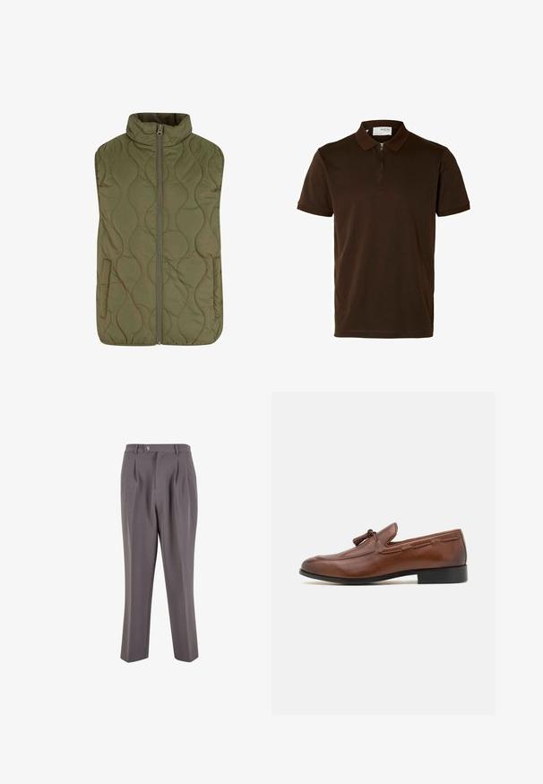 Prsluk s prošivenim uzorkom u maslinasto zelenoj boji, s visokim ovratnikom, prednjim patentnim zatvaračem i dva bočna džepa. Glatka tekstura s valovitim uzorkom šivanja.; Smeđa polo majica od glatkog materijala, s ovratnikom na zatvarač, kratkim rukavima i prilagođenim krojem. Nema vidljivih uzoraka ili akcenata.; Sive plisirane hlače od glatkog materijala, s dizajnom ravnih nogavica, jednim gumbom za kopčanje i koso rezanim bočnim džepovima.; Smeđi kožni loaferi s okruglim vrhom, ukrasnim šavovima i detaljem s resicama. Potplat je crn i malo povišen.