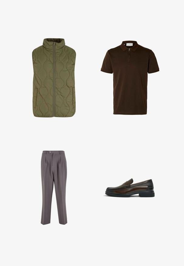 Kvadrovani brezrokavnik v olivno zeleni barvi, z visokim ovratnikom, sprednjim zadrgo in dvema stranskima žepoma. Gladka tekstura z valovitimi šivi.; Rjava polo majica iz gladkega materiala, z ovratnikom na zadrgo, kratkimi rokavi in prilegajočim krojem. Brez vidnih vzorcev ali poudarkov.; Sive nabrane hlače iz gladkega materiala, ki imajo ravno nogavico, en gumb za zapiranje in poševne stranske žepe.; Brahno usnjeni loafer s zaobljenim nosom, šivi na zgornjem delu, gladka tekstura in kontrastna črna gumijasta podplata.